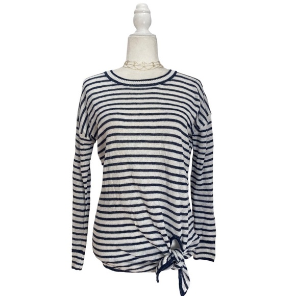 White + Warren Linen Crew Knotted Tunic Sweater Top Striped NWOT - Picture 1 of 7